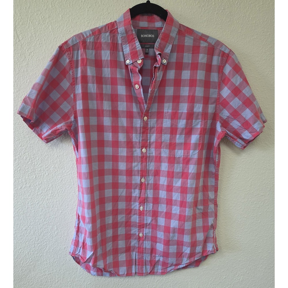 Bonobos Button-Down Shirt Men M Pink Blue Check Cotton Short Sleeve Collared